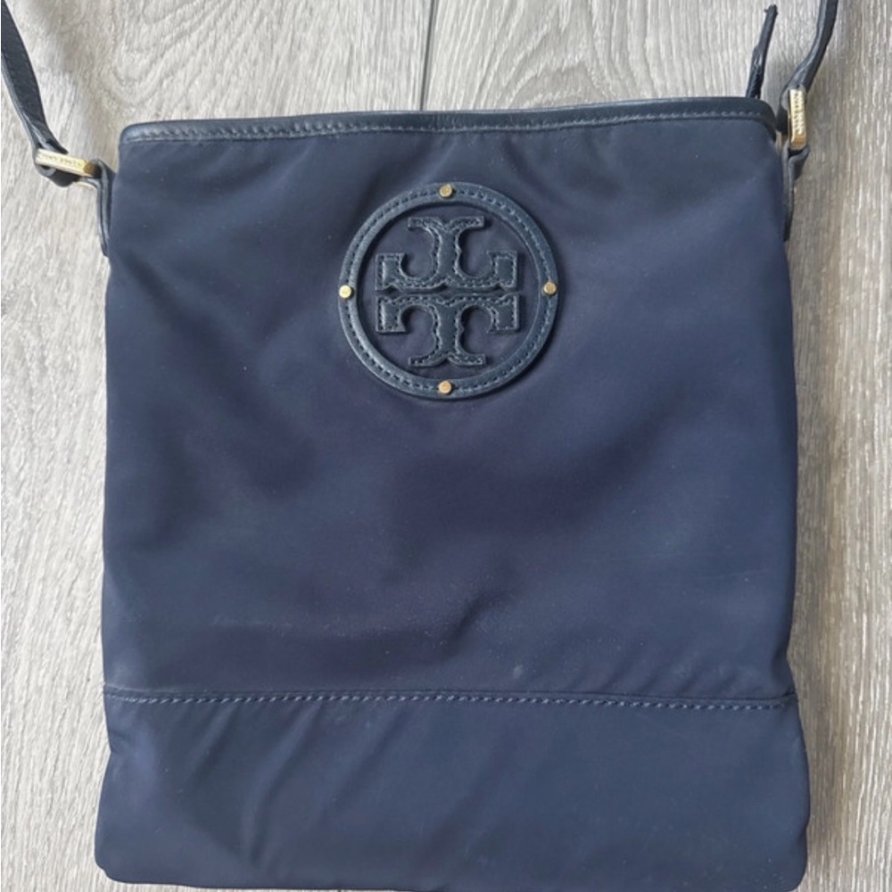 Tory Burch Navy Nylon Logo Crossbody with Gold Accents